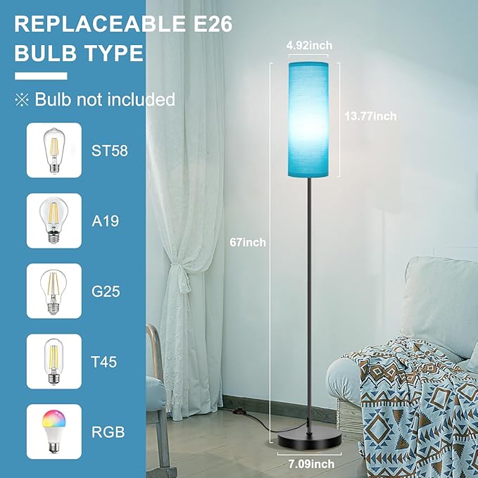 FRIDEKO HOME Floor Lamp with Turquoise Shade, Simple Design with Foot Pedal Switch, Small Tall Lamps for Living Room Bedroom, Corner Floor Stand Light with Black Pole Lamp (No Remote，No Bulb)