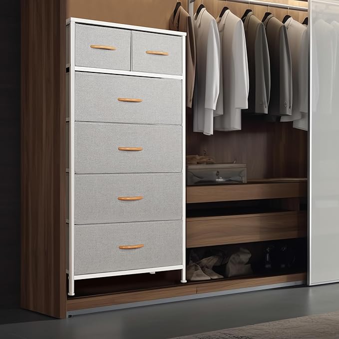 Tall Dresser for Bedroom, Vertical Storage Organizer Tower with 6 Drawers, Chest of Drawers with Fabric Bins, Steel Frame, Wood Top for Bedroom, Closet, Entryway- Light Grey