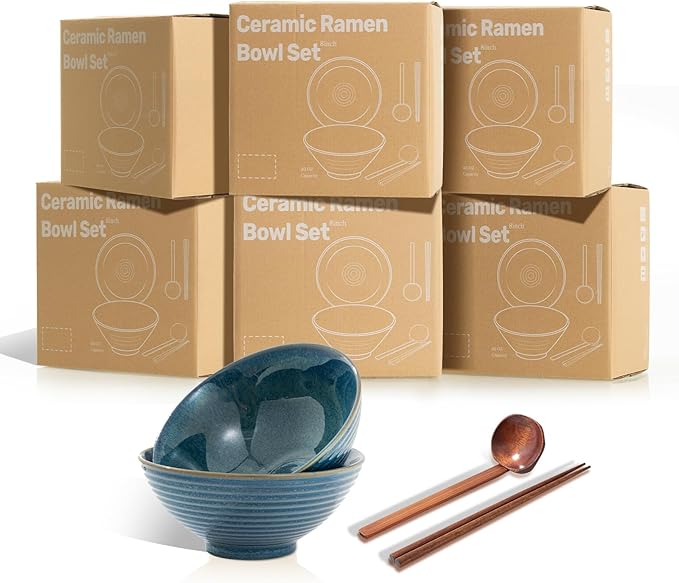 8 Inch Ceramic Ramen Bowl Set of 2, 40oz Japanese Bowls with Spoons & Chopsticks,Durable,Microwave & Dishwasher Safe,Perfect for Ramen,Pho,Salad,Soup,Noodles，Mixing bowls（Azure）