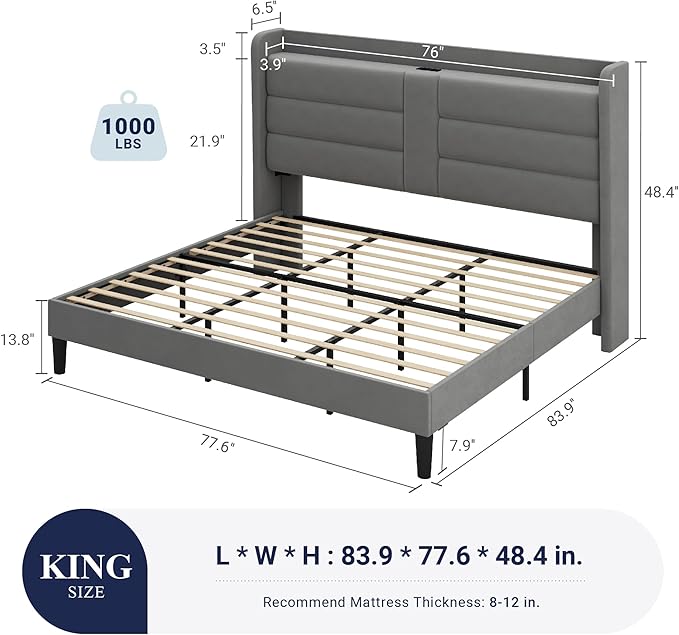Allewie King Size Platform Bed Frame with Charging Station & Storage Headboard, Upholstered Velvet Wingback Design & USB Port, Strong Wooden Slats Support, No Box Spring Needed, Easy Assembly, Grey