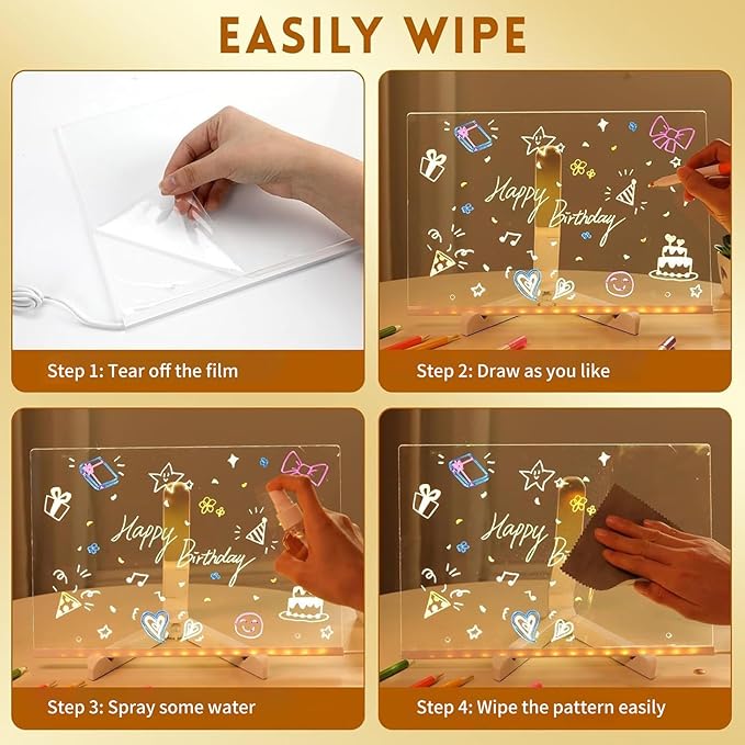 Led Drawing Board, Acrylic Dry Erase Board with Bracket, 11.8" X 7.9” Glow Writing Board, Led Note Board Comes with 7 Drawing Pens and 5 Cartoon Doodle Paper for Office School Home