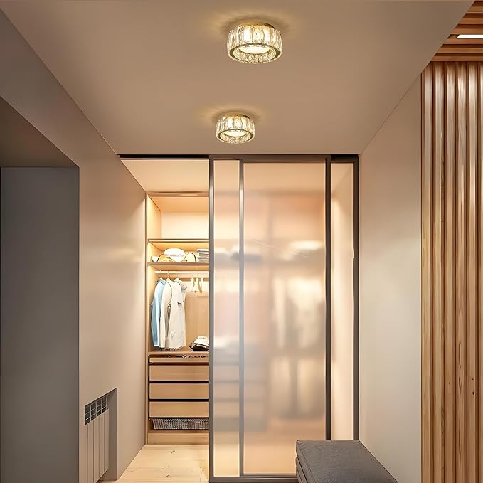 Modern Dimmable LED Luxury Crystal Gold Flush Mount Ceiling Light Fixture,7.87 Inch 15W,3CCT,Mini Round Close to Ceiling Chandelier for Hallway,Kitchen,Laundry Room,Entryway