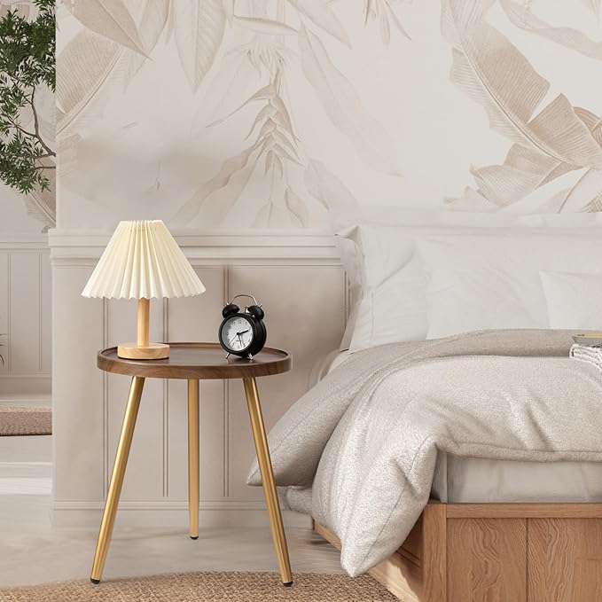 danpinera Round Side Table, Metal Legged Accent Table with Wooden Tray, Small Round End Table for Living Room, Bedroom, Nursery, Brown & Gold