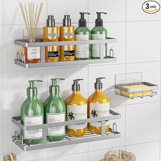 Adhesive Shower Caddy,Shower Shelves with Soap Holder and 12 Hooks,Rustproof No Drilling Bathroom Organizer and Storage,Silver,3 Pack