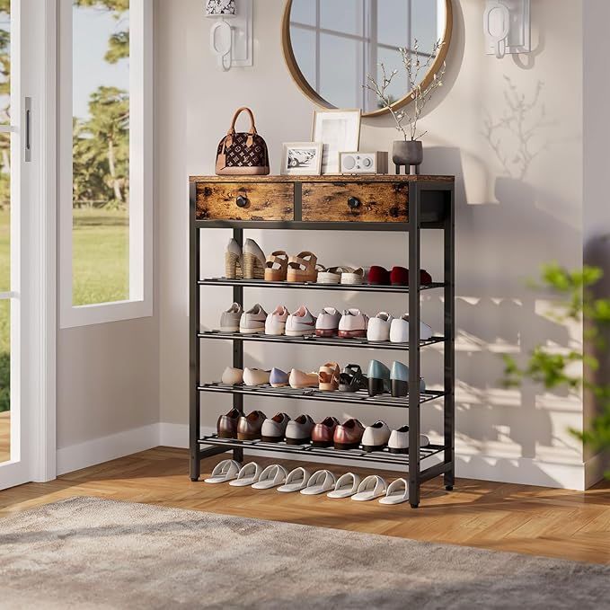 IBUYKE 5 Tier Shoe Rack, Metal Shoe Storage Organizer for 12-16 Pairs of Shoes, Modern Shoe Stand with 2 Drawers,Metal Shelf for Entryway Closet Bedroom, Rustic Brown TXJ041H