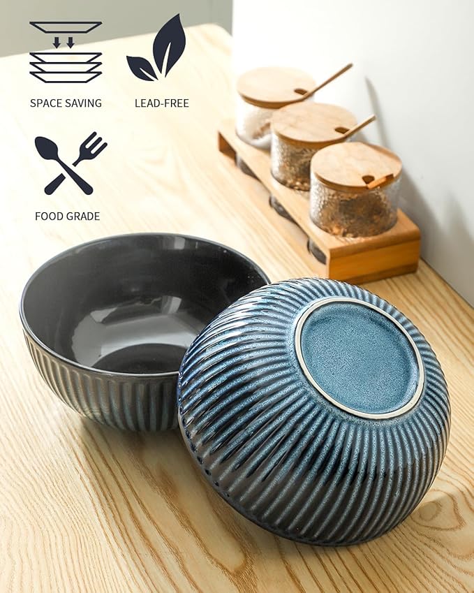 Hasense Large Salad Bowls of 2, Porcelain 60 Oz Serving Bowl 8 Inch for Kitchen Dining,Elegant Ribbed Ceramic Dishes for Party,Soup,Pho,Pasta,Cereal,Fruit - Dishwasher & Microwave Safe, Blue