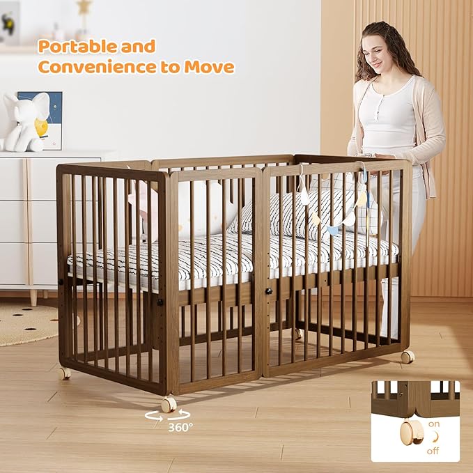 JOYMOR 8 in 1 Convertible Crib with Changer, Include 2” Mattress, Converts to Bassinet, Mid Crib, Full Size Crib, Daybed,Toddler Bed and Playard (Crib, Honey Wood)