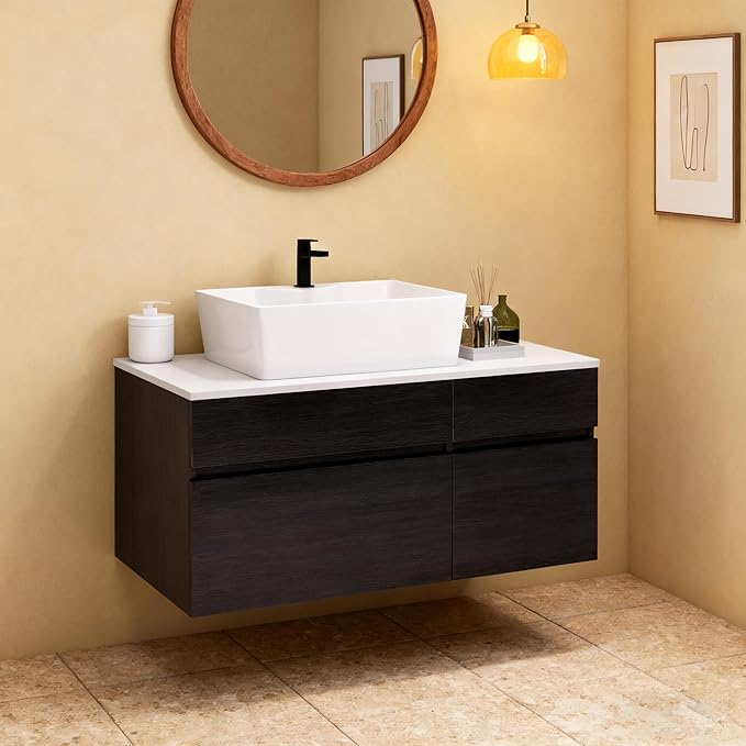 Goujxcy 31.5" Wall Mounted Bathroom Vanity with Sink, Modern Floating Bathroom Cabinet with Ceramic Sink & Storage, Wood Hanging Bath Room Cabinet with Soft-Close System (White & Black)