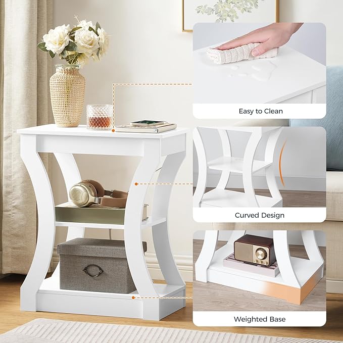 End Table with Charging Station, Set of 2, Side Table with USB Ports and Outlets, 3 Tier Nightstand with Storage Shelf for Small Spaces, Living Room, Bedroom, White ETWT53E01S2