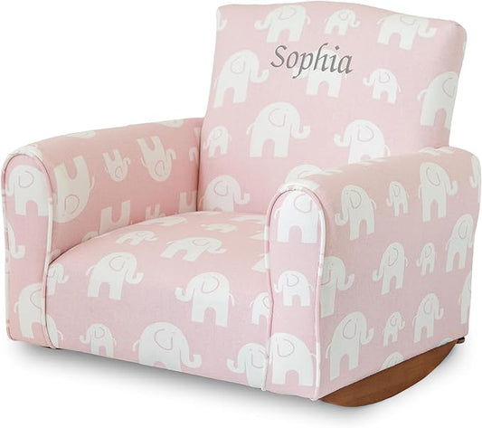 Toddler Personalized Armchair, Kids Upholstered Rocking Chair with Personalization, Toddler Chair with Personalized Name, Comfy Child Armchair, (Pink Elephants Print, Rockers)