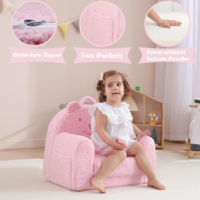 Toddler Chair,Sherpa Bear Kids Chair,Toddler Couch Fold Out,Children Reading Chair,Flip Out Kids Couch,Toddler Sofa Convertible for Age 1-3(Pink Bear)
