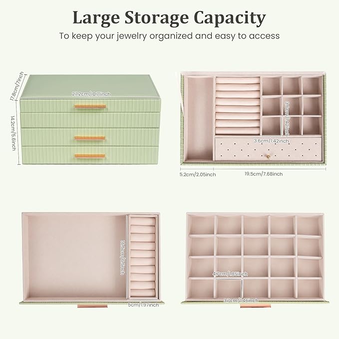 Dajasan Jewelry Organizer Box, Jewellery Boxes for Women, 3-Tier Jewelry Storage Organizer for Earring, Ring, Necklace, Bracelets (Avocado Green)