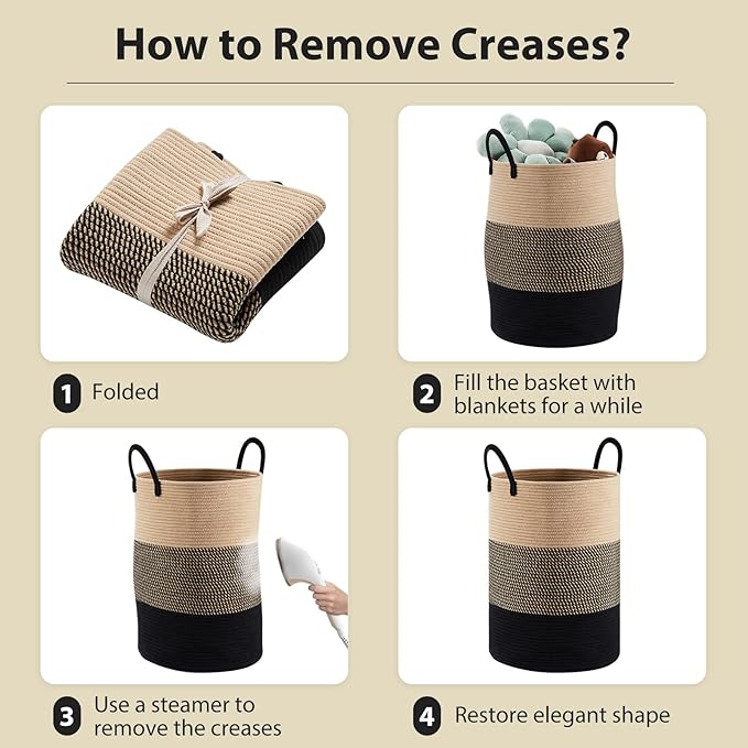 Fiona's magic 72L Large Woven Laundry Hamper, Tall Cotton Rope Storage Basket, Jute Baby Nursery Hamper for Blankets, Toys and Clothes in Bedroom and Living Room Organizing, Brown & Black