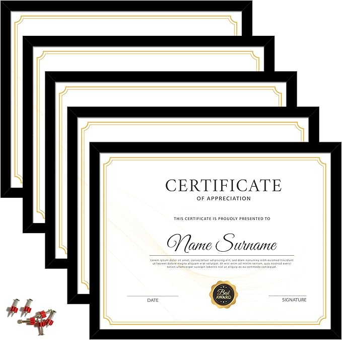 8.5x11 Picture Frame Black, 8.5 by 11 Award Certificate Diploma Document Frames for Wall or Tabletop Display, 5 Pack