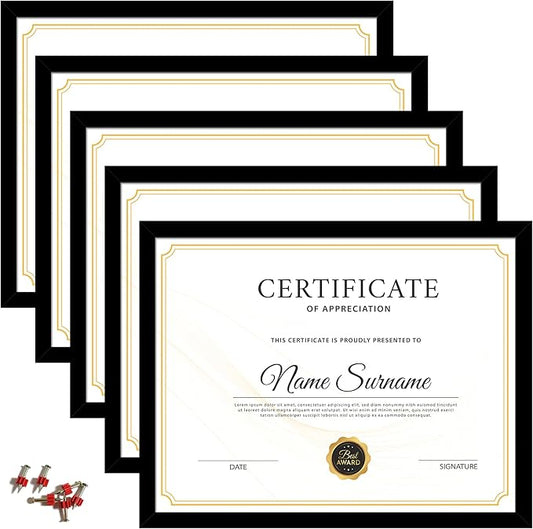 8.5x11 Picture Frame Black, 8.5 by 11 Award Certificate Diploma Document Frames for Wall or Tabletop Display, 5 Pack