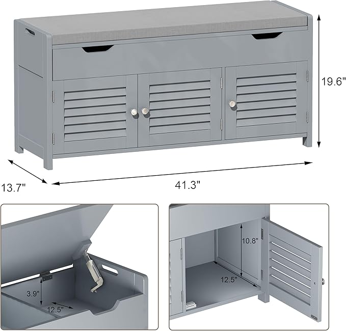 ChooChoo 41.3" Shoe Storage Bench with Lift Top Storage, Entryway Bench with Cushioned Seat, Adjustable Shelf, Shoe Cabinet with Hidden Space, for Entryway, Bedroom, Living Room, Grey