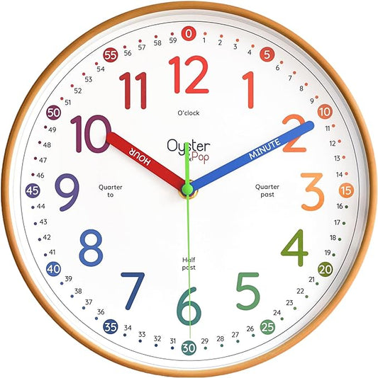 Oyster&Pop Kids Learning Wall Clock - Silent Non-Ticking Analog 10 Inch Teaching Clock for Classrooms & Bedrooms - Makes Telling Time Easy for Kids