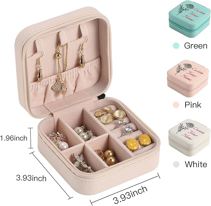 Personalized Jewelry Boxes for Women, Custom Travel Jewelry Case with Name and Birth Flower Month, Portable Jewelry Box Organizer for Mom Birthday Gifts (Pink Customizable)