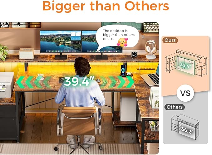 ODK L Shaped Desk with File Drawer, 75" Reversible L Shaped Computer Desk with Power Outlet & LED Strip, Office Desk with Storage Shelves, Gaming Desk with Monitor Shelf, Corner Desk, Vintage