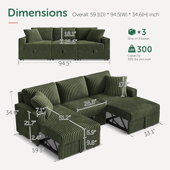 HONBAY Sectional Sofa, Modular L Shaped U Shaped Pull Out Couch with Storage, Velvet Green