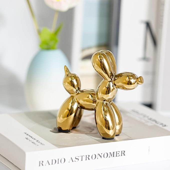 Creative Balloon Dog Statues Small Ceramic Animal Sculpture Modern Home Decor Living Room Desktop Decorations Bedroom Office Cabinet Ornament (Gold)