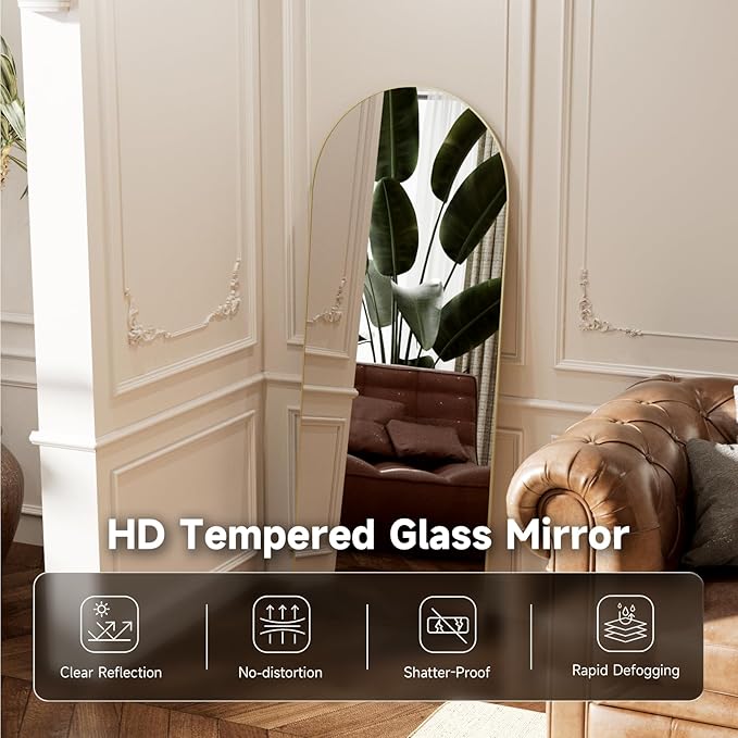 Arched Full Length Mirror 71"x28", Gold Tempered Glass Wall Hanging Mounted Body Length Mirrors with Stand, Large Floor Aluminum Alloy Thin Frame