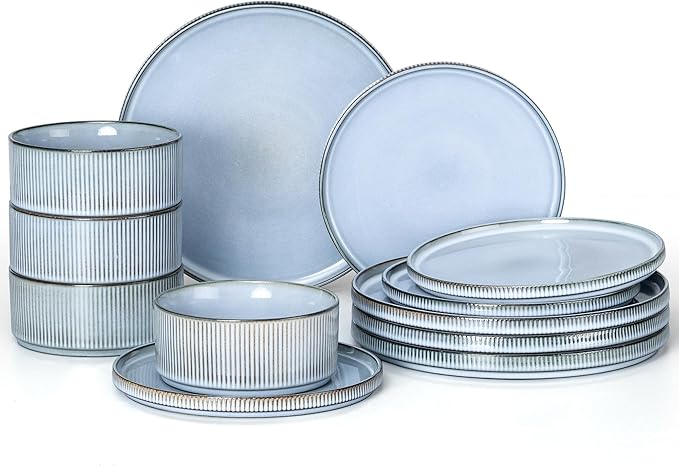 E-far 12-Piece Plates and Bowls Sets, Stoneware Dinnerware Dishes Sets for 4, Kitchen Modern Dining Dishware, Chip & Scratch Resistant, Microwave & Dishwasher Safe, Dusty Blue