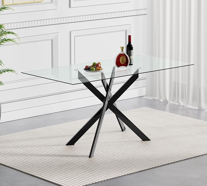 51" Rectangular Glass Dining Table Modern Kitchen Glass Top Table for 4 with Black Metal Legs, Clear Dining Table Kitchen Table for Home Office Dining Room