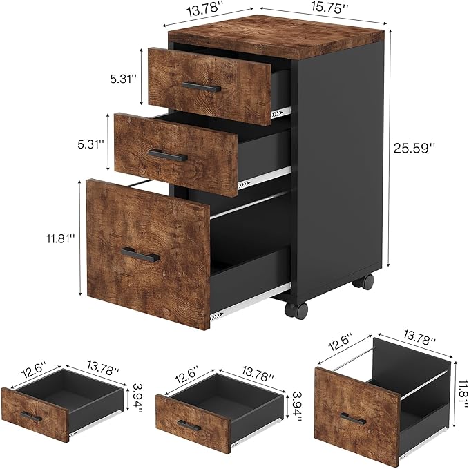 Triebsigns 3 Drawer File Cabinet, Wooden Office Filing Cabinet, Modern Rolling Printer Stand for Home Office, fits A4 or Letter Size, Under Desk (Brown)