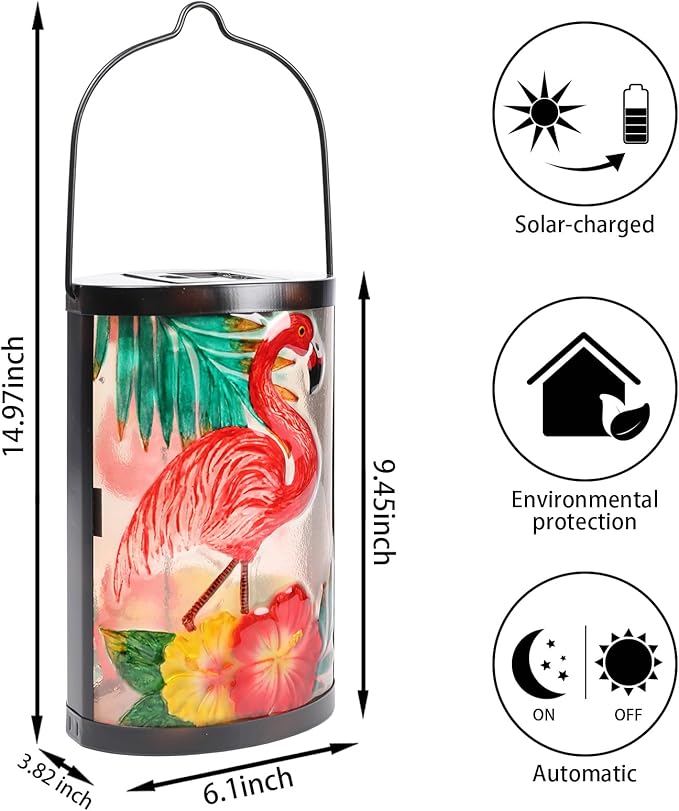 Hanging Solar Lantern Outdoor Waterproof Flamingo Solar Lights Glass Tabletop Decorative Lamp for Outdoor Patio Garden Outside Yard Decor