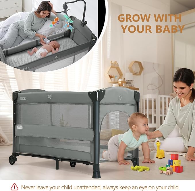 JOYMOR Baby Bassinet, Pack and Play with Bassinet and Carry Bag, Convert to Bedside Sleeper with Toy, Wheels for Boys Girls (Gray)
