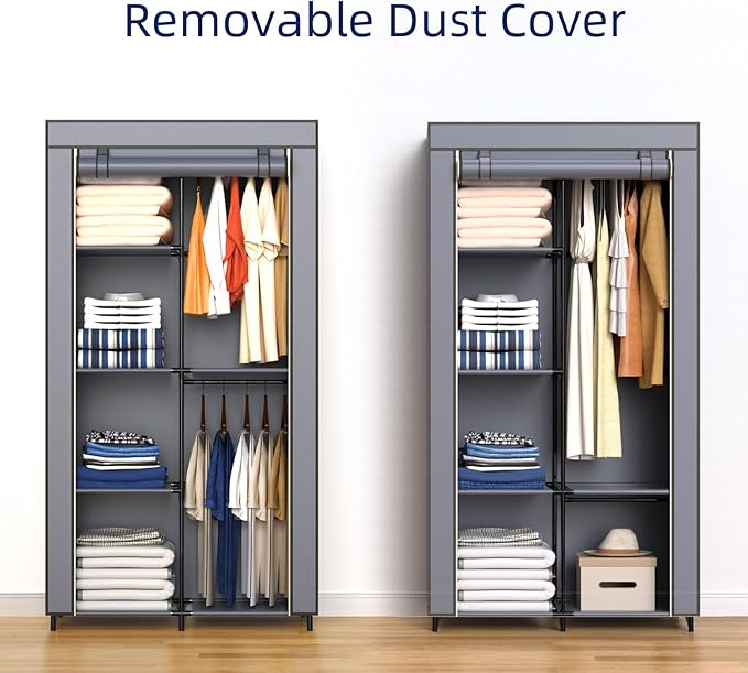 Portable Closet, Wardrobe Closet with 6 Storage Shelves and 2 Hanging Rods, Non-Woven Fabric Cover, 34.6 x 17.7 x 66.1 Inches Closet Organizer for Bedroom, Gray