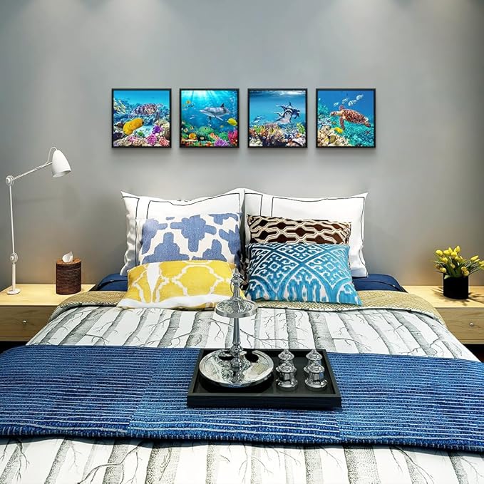 Set Of 4 Piece Black Framed Wall Art For Living Room Family Bedroom Wall Pictures Artwork Bathroom Wall Decor Coral Sea Fish And Turtles Blue Ocean Theme Painting Ready to Hang Modern Home Decor