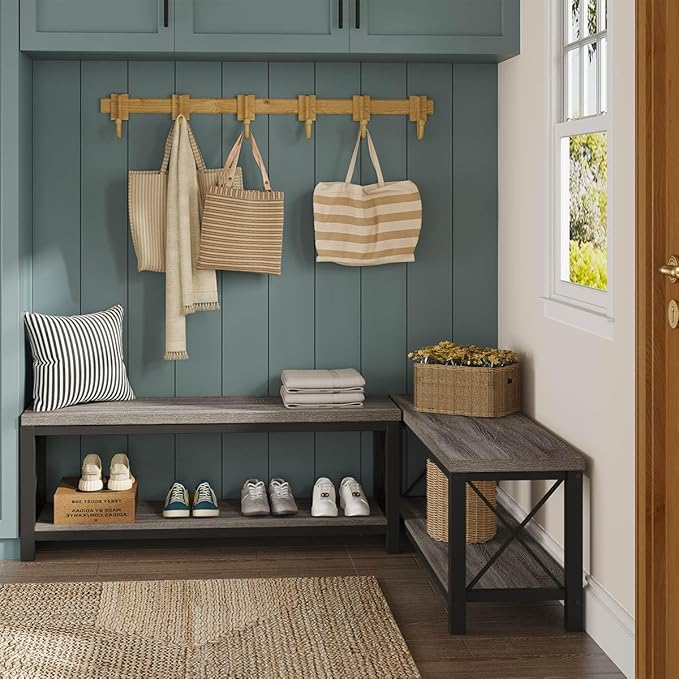 BON AUGURE Entryway Bench, Wood Metal Shoe Rack Bench for Indoor, Industrial Storage Benches for Bedroom, Mudroom, Foyer (47 inch Wide, Dark Grey Oak)