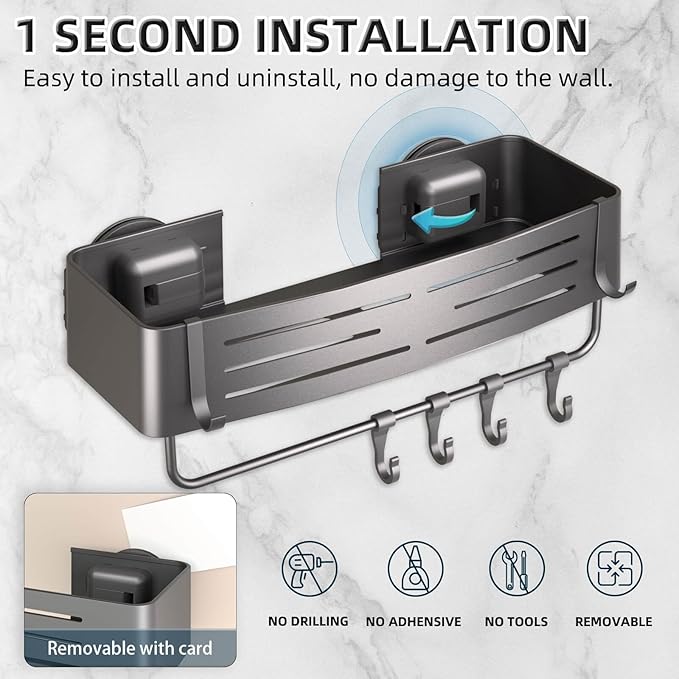 Onemake Shower Caddies Suction Cup, 2-Pack Removable Bathroom Shelf, Shower Organizer with 12 Portable Hooks, Shower Caddy Corner Waterproof Holder with Towel Bar, Gray