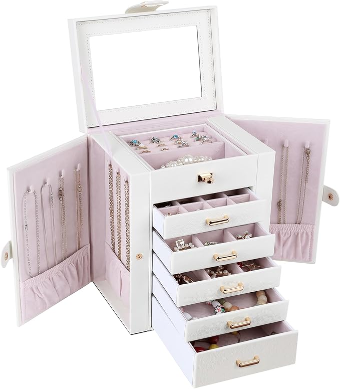 Kendal Jewelry Box, 6-Layer Jewelry Storage Organizer for Necklace Bracelet Rings Watch, 10.2"x8.2"x6" Classic PU Leather 5 Drawers Large Storage Capacity with Mirror