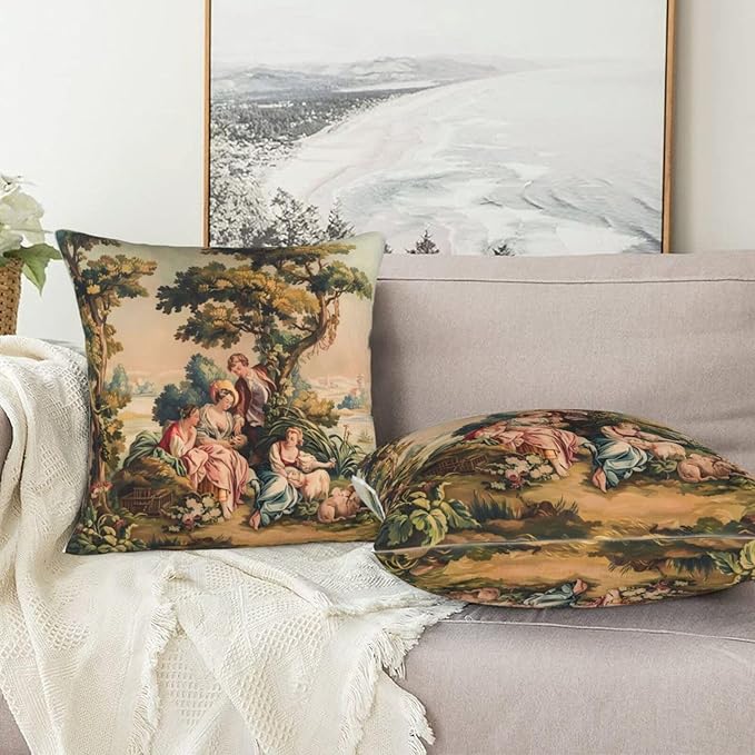 Antique French Country Tapestry Print Throw Pillow Covers Set of 2 Pillowcases Cushion Case Square for Soft Home Decor Bed Couch Car Living Room 18x18 Inch