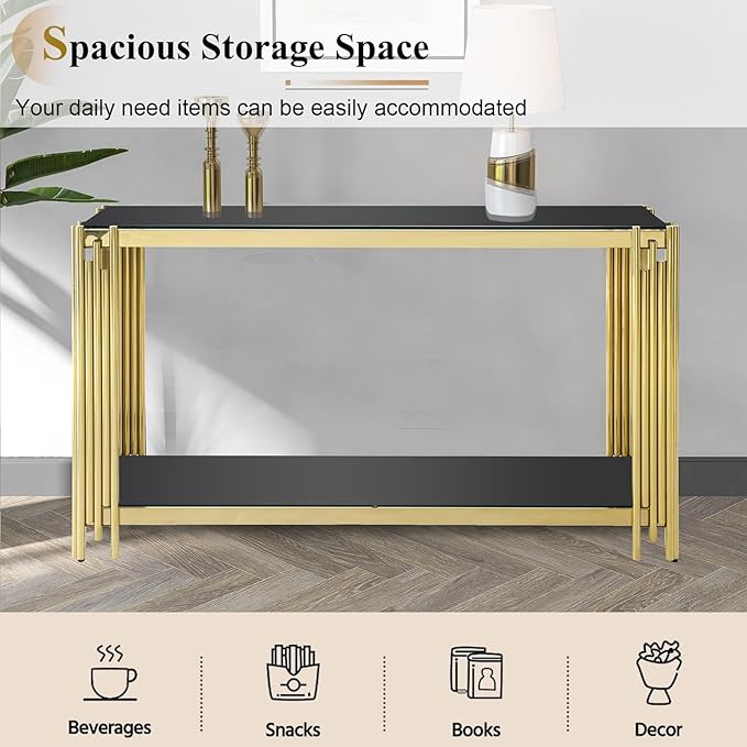 Glass Gold Coffee Table Set of 2,Modern Rectangle Coffee Table and Console Table w/Storage,Glass Coffee Table Set with Steel Frame,2 Pieces Living Room Table Set for Apartment Home Office