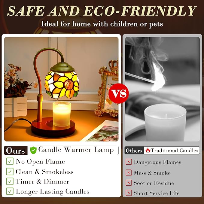 Candle Warmer Lamp with Timer Dimmer, Adjustable Height Candle Warmer for Jar Candles, Birthday Gifts for Women New Home Bedroom Decor Tiffany Sunflower Style Stained Glass with 2 Bulbs