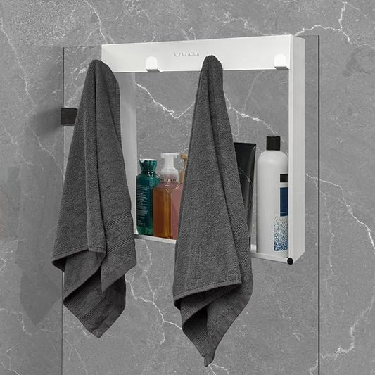 Hanging Shower Niche with Hooks and Shelf 20"x16" DIY No Drill Shower Organizer Lightweight Stainless Steel Easy Install in Matte White