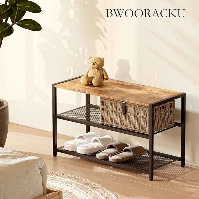 Shoe Rack, 3-Tier Shoe Shelf with Dense Metal Mesh, Durable Industrial Freestanding Shoe Rack for Front Door Entrance, Hallway, Entryway, Living Room, Bathroom (25"Wx11.02"Dx15.75"H Rustic)