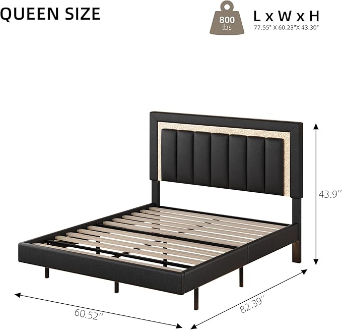 HOMBCK Floating Bed Frame Queen with Smart LED Lights, Faux Leather Upholstered Bed Frame Queen with Diamond Headboard, No Box Spring Needed, Noise Free, Easy Assembly, Black