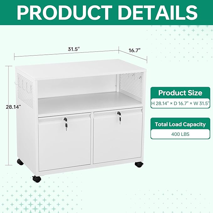 Letaya Mobile 2 Drawer File Cabinet with Lock, Metal Lateral Printer Stand Filing Storage Cabinets with Shelves for Home Office-A4/F4/Letter (White)