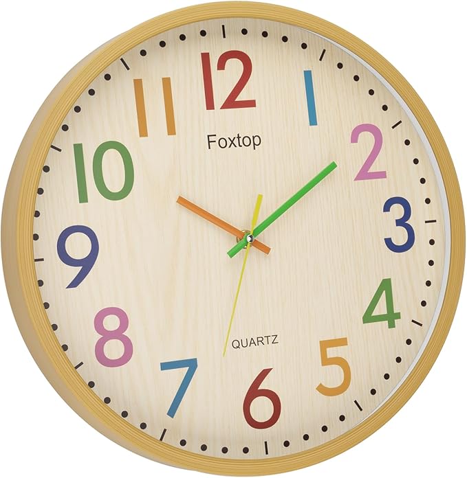 Foxtop 14 Inch Kids Wall Clock Silent Non-Ticking Battery Operated Colorful Childrens Wall Clock for Classroom Playroom Nursery Bedrooms Kids Room School
