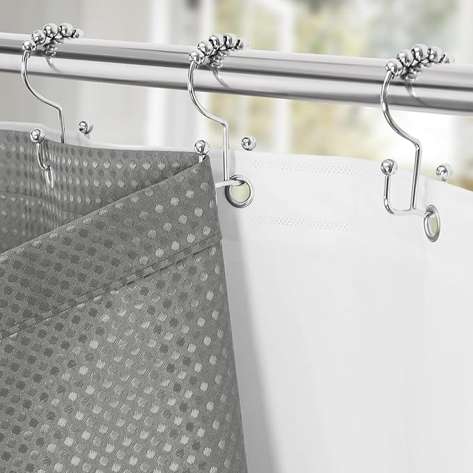 3 in 1 Long Shower Curtain Set-72 W x 78 H, Grey Waffle and PEVA Liner Set with 12 Stainless Steel Hooks, Waterproof Fabric for Bathroom