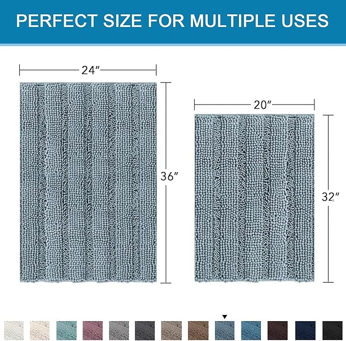 H.VERSAILTEX 2 Piece Bathroom Set - Super Absorbent Chenille Striped Bath Mats - Non Skid, Machine Washable - Stone Blue, 24 x 36 Plus 20 x 32 Inches