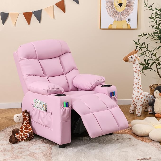 Kids Recliner, Kids Recliner Chair w/ 2 Cup Holders, PU Leather Kids Chairs Comfy w/Adjustable Backrest & 3 Pockets, Toddler Furniture Sofa for Boys Girls Aged 3+ (Pink)
