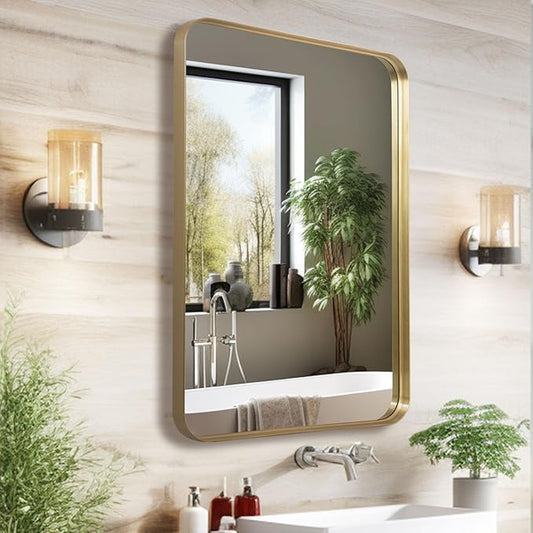 Wall Mirror 22" x 30" for Bathroom, Gold Metal Deep Frame, Rectangular Round Corner, Mounted Vanity Mirror for Bedroom, Living Room, Entryway Decor