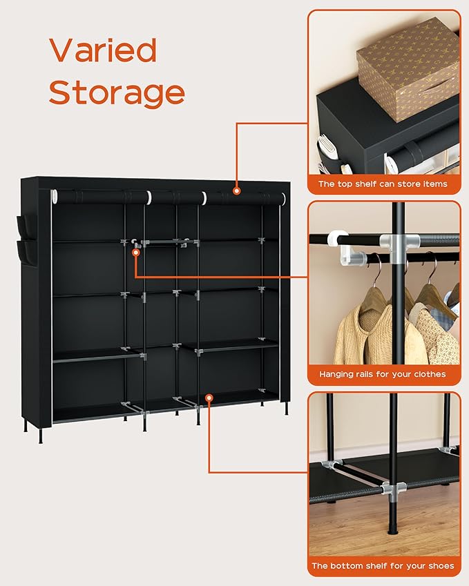 Portable Closet, 77.6 Inch Extra Large Capacity Wardrobe Closet with Cover, Clothes Storage Organizer with Shelves and 3 Hanging Rods, Easy to Assembly, Black PCT223B01