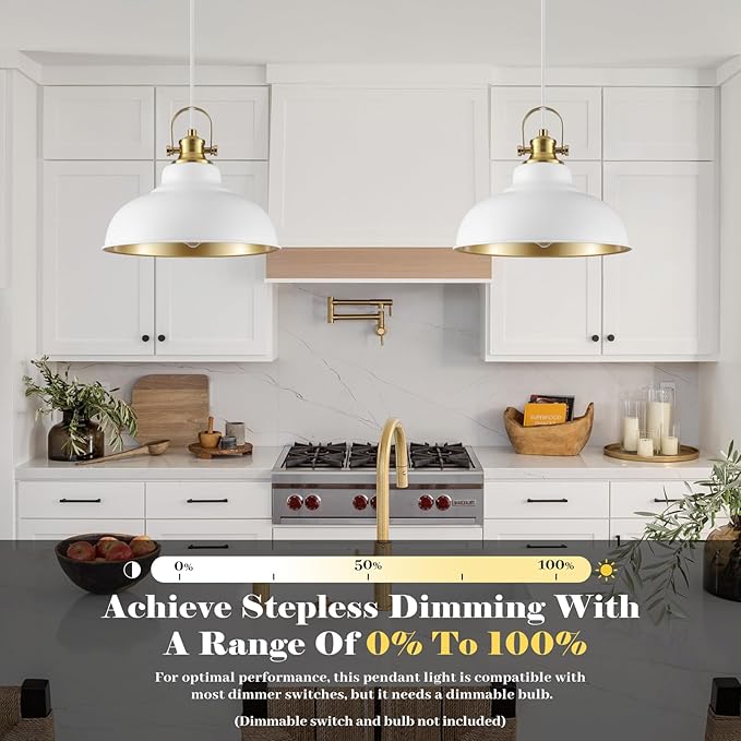 White and Gold Pendant Light, 11.41 Inch Dome Pendant Lights, Industrial Pendant Light Kitchen Island, Farmhouse Pendant Lights 2 Packs, Island Pendant Lights for Kitchen, Dining Room, Living Room